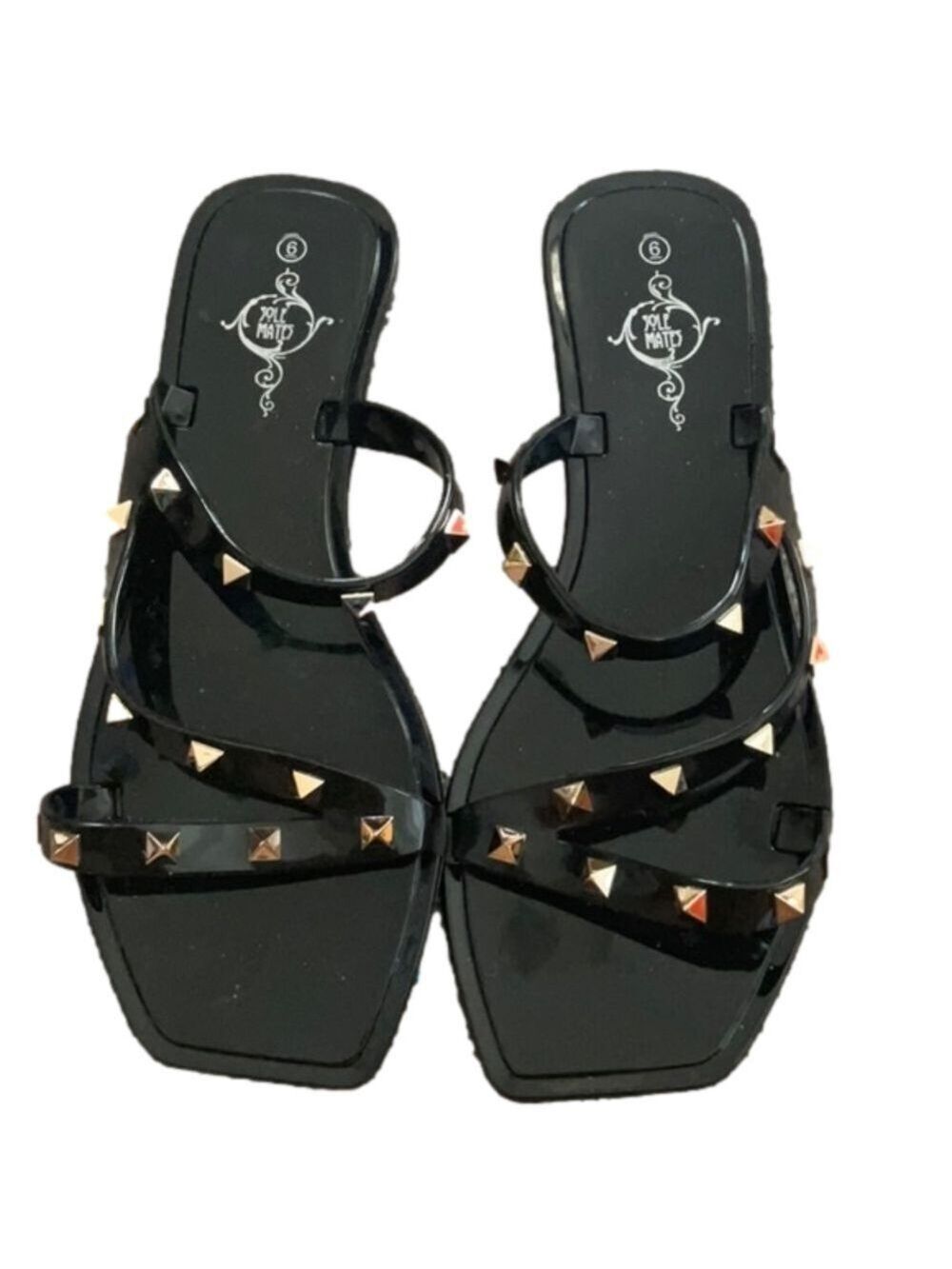 WOMENS BLACK PATENT LEATHER SLIDES GOLD PYRAMID STUDS